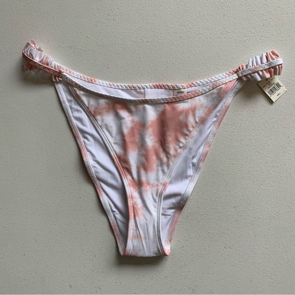 Aerie Cheekiest Bikini Bottom Size Large Pink & White Tie-Dye Ruffle Straps NWT